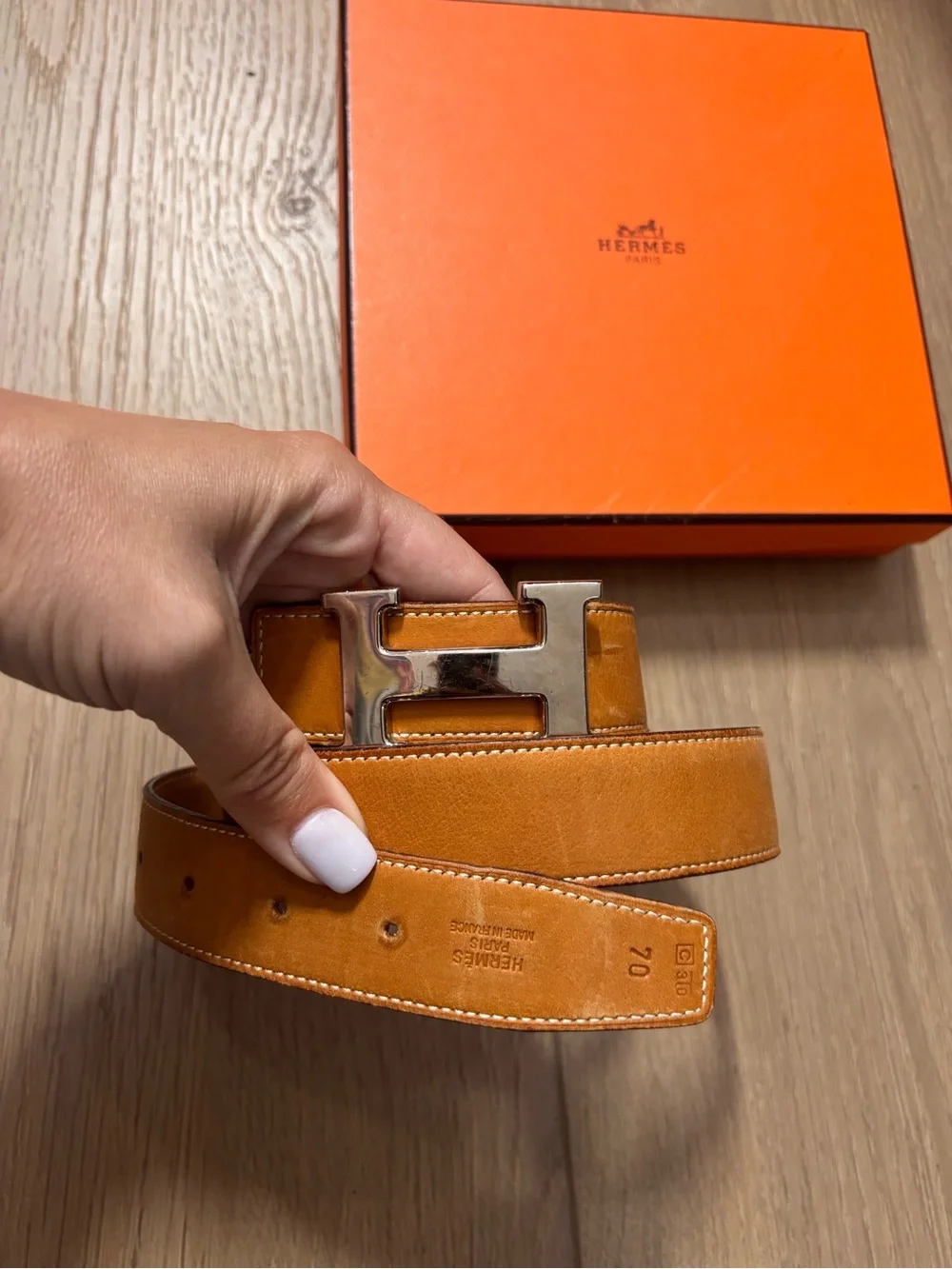 Authentic HERMES brown leather H silver Constance buckle belt 70cm